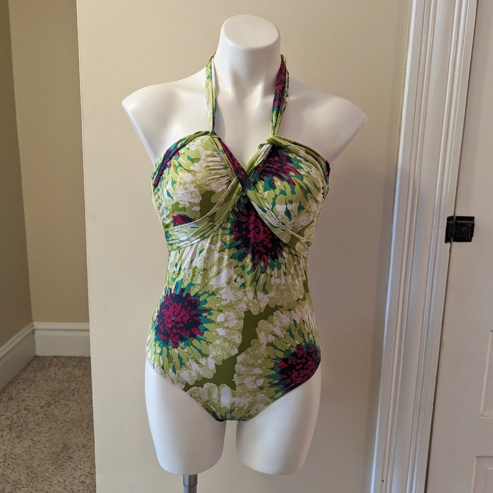 Garnet Hill green, teal and purple floral underwire halter bathing suit size M